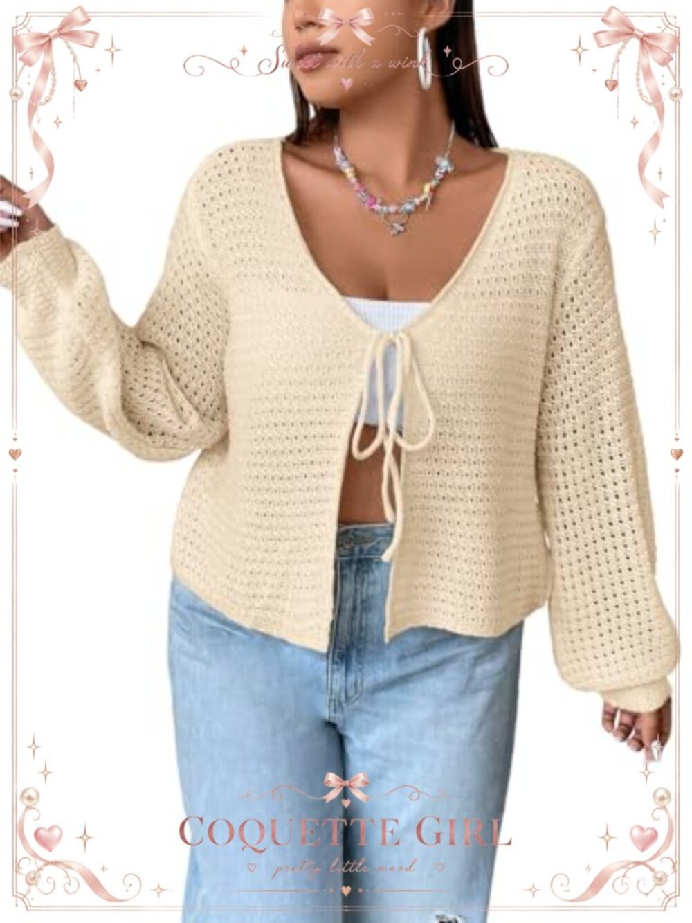 Plus Size Hollow Out Open Knit Tie Front Cardigan Shrug Sweater